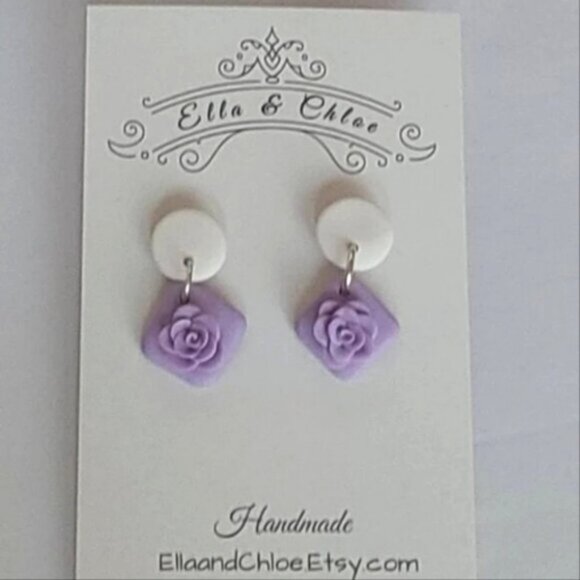 Summer Spring White Purple Colourblock Clay Floral Drop Flower Dangle Earrings - Picture 2 of 5